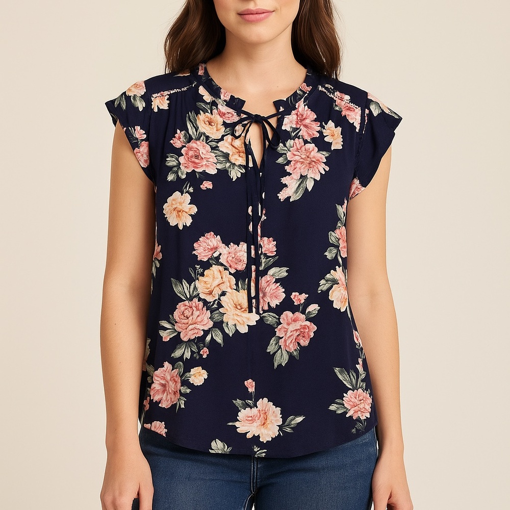 Buffalo David Bitton Navy Floral Cap Sleeve Blouse XS